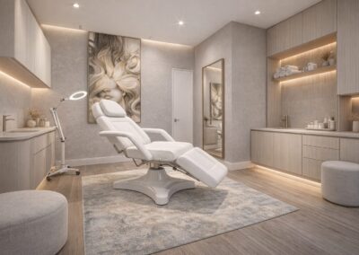 Salle de soins esthétique avec fauteuil professionnel et ambiance zen haut de gamme