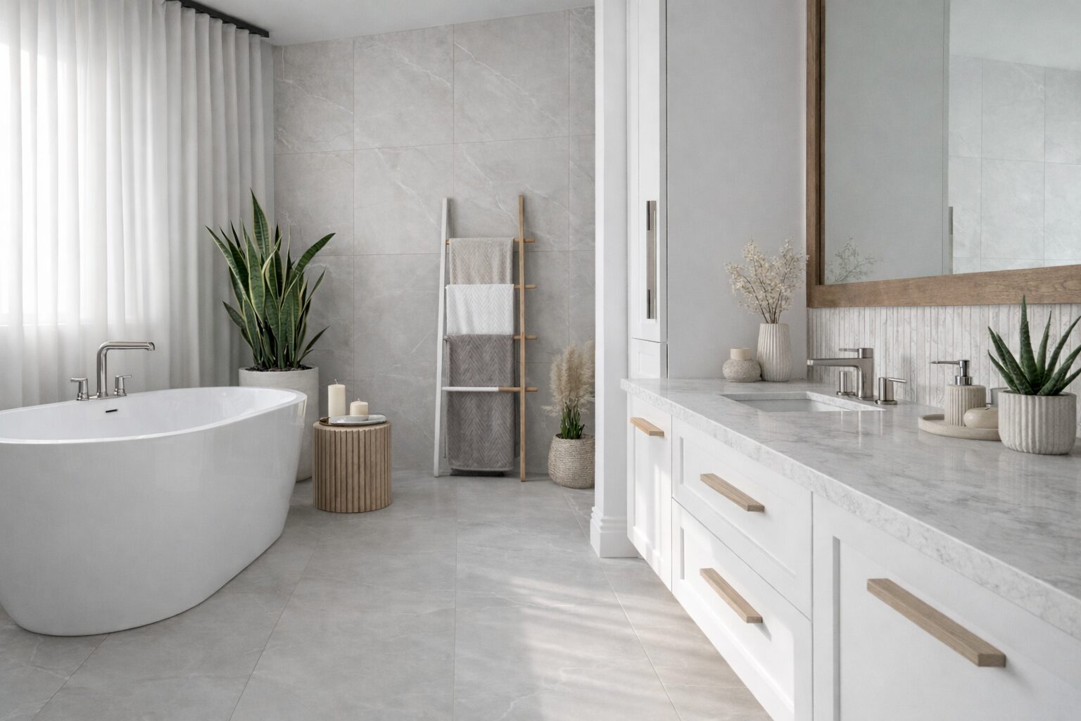 Salle de bain japandi Bromont baignoire autoportante et design intérieur haut de gamme