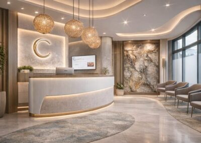 Réception de clinique esthétique moderne avec desk design, mur signature et ambiance lumineuse