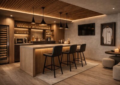 Bar sur mesure haut de gamme revisité par Amo Design ® à St Constant avec éclairage intégré et ambiance chaleureuse