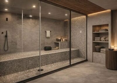 Salle de bain spa haut de gamme à St-Constant avec douche en pierre et éclairage intégré