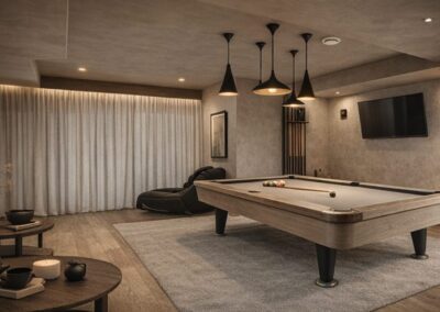 Salle de billard japandi avec table bois, suspensions noires et ambiance chaleureuse