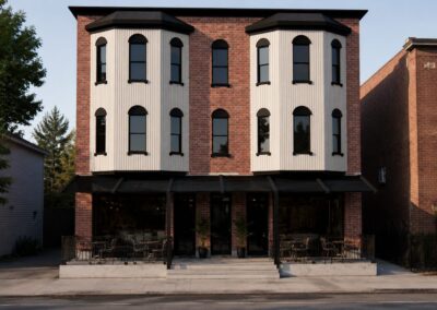 Immeuble commercial en brique rouge avec façade contemporaine symétrique, fenêtres arquées noires et terrasses extérieures aménagées, conçu en rendu 3D photoréaliste par AMO Design®.