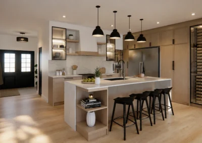 Cuisine de style Japandi à Trois-Rivières signée AMO Design®, avec comptoir et îlot en Dekton, cellier vitré, armoires en chêne blanc et aire ouverte lumineuse.
